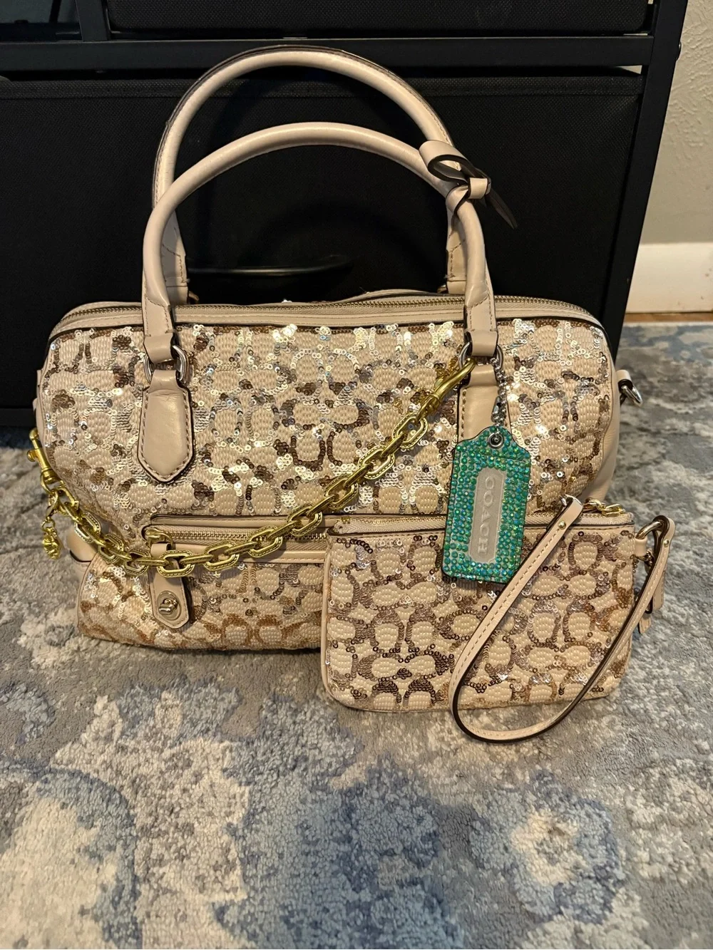Coach poppy Beige Sequin Logo Satchel with Matching Wristlet